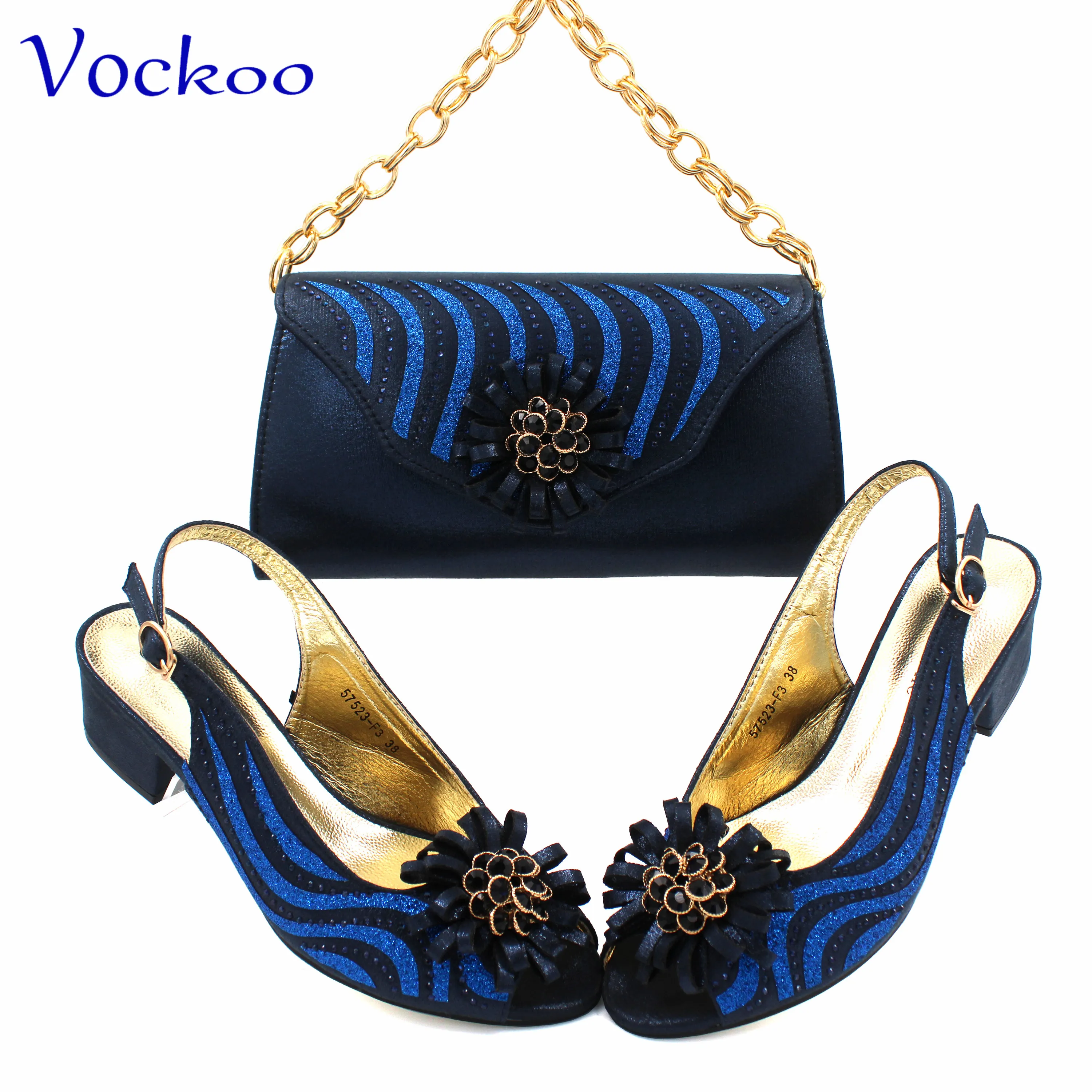 Low Heels New Arrivals Italian Design Nigerian Women Shoes and Bag Set in Dark Blue Color Comfortable Heels with Appliques for P