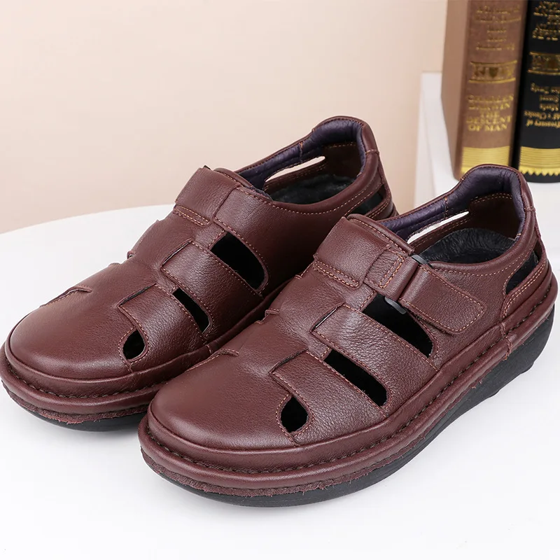 Very Soft !Mature Men's Summer Genuine Leather Closed Toe Casual Sandals Middle Age Dad Concise Beach Shoes