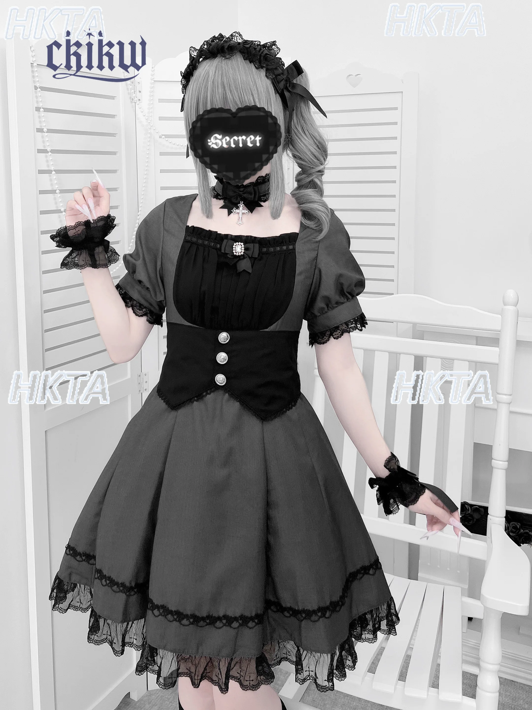 일본 서브컬쳐 버블 반팔 스퀘어넥 하이웨이스트 레이스 스티치 로리타 드레스 여성용 스윗 보우 블랙 앤 화이트 드레스