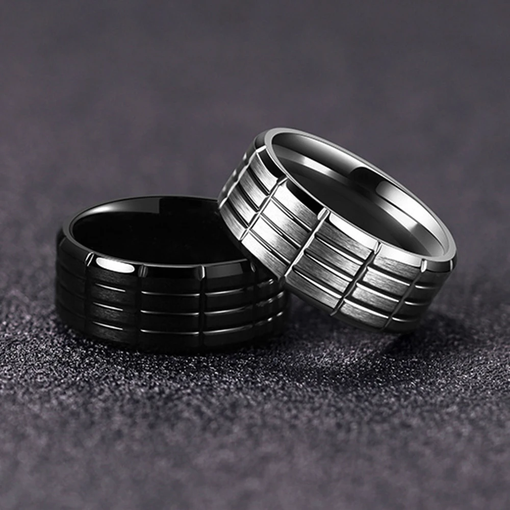 Geometric Punk Gear Groove Beveled Stainless Steel Couple Rings Men's Women's Jewelry for Engagement And Anniversary