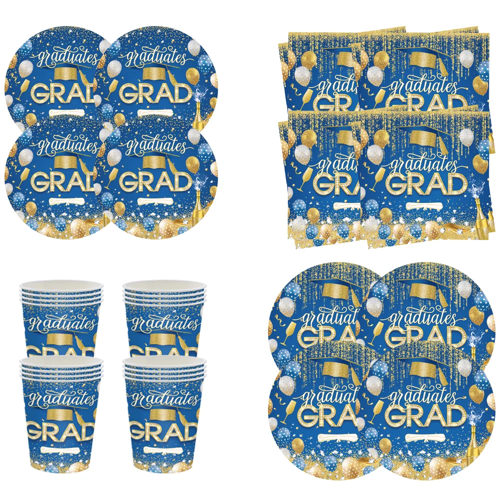 

Blue Graduation Sets Birthday Party Decoration Boys Girls Tableware Supplies Tablecloth Balloon Cake Topper Straw