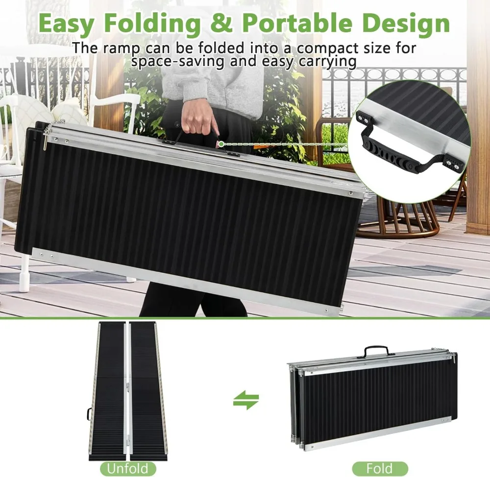 Portable Wheelchair Ramp 6 FT,Folding Handicap Ramp w/Transition Plate & Non-Slip Surface, Reflective Warning Stickers