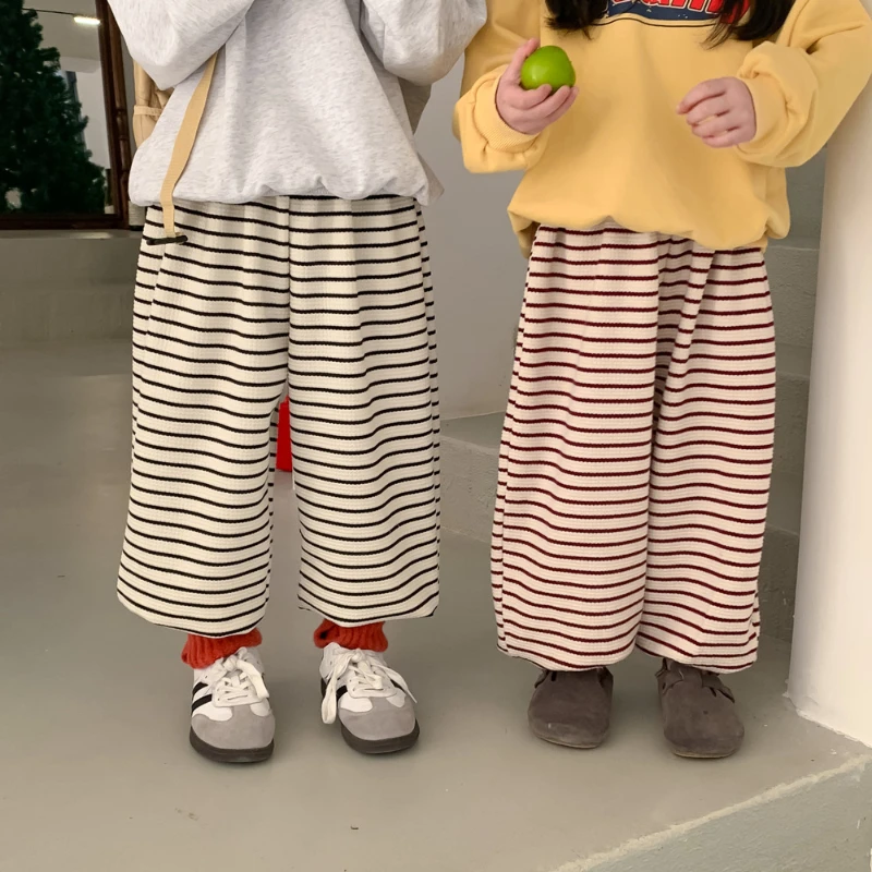 

Sweatpants Childrens Pants Spring Boys Girls Korean Waffler Causal 2024 Children Versatile Stripe Trousers Striped