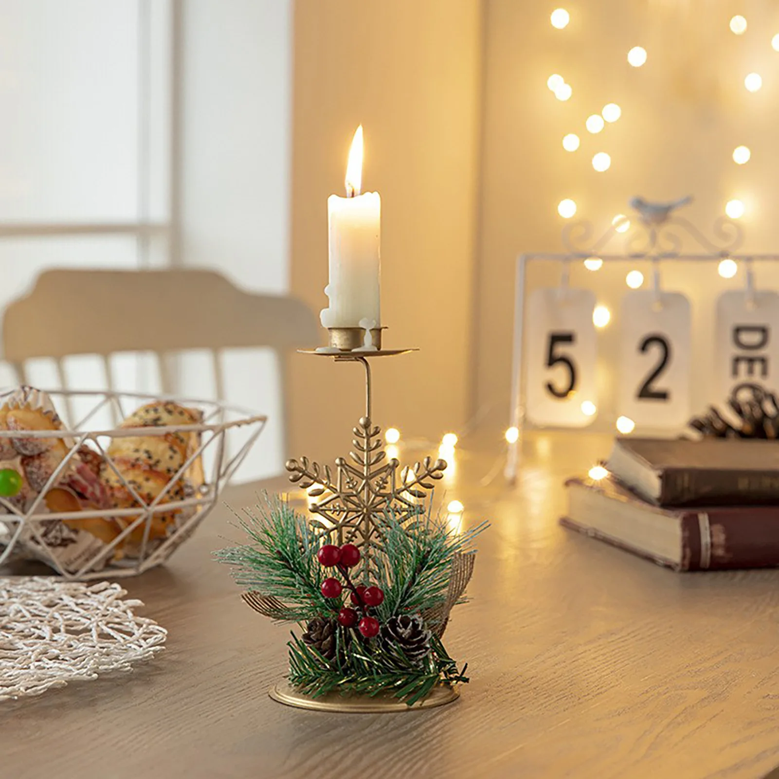 Christmas Candle Holders Set - Reindeer & Snowflake with Pine Cones Berries, Festive Metal Stands for Xmas Table Decor