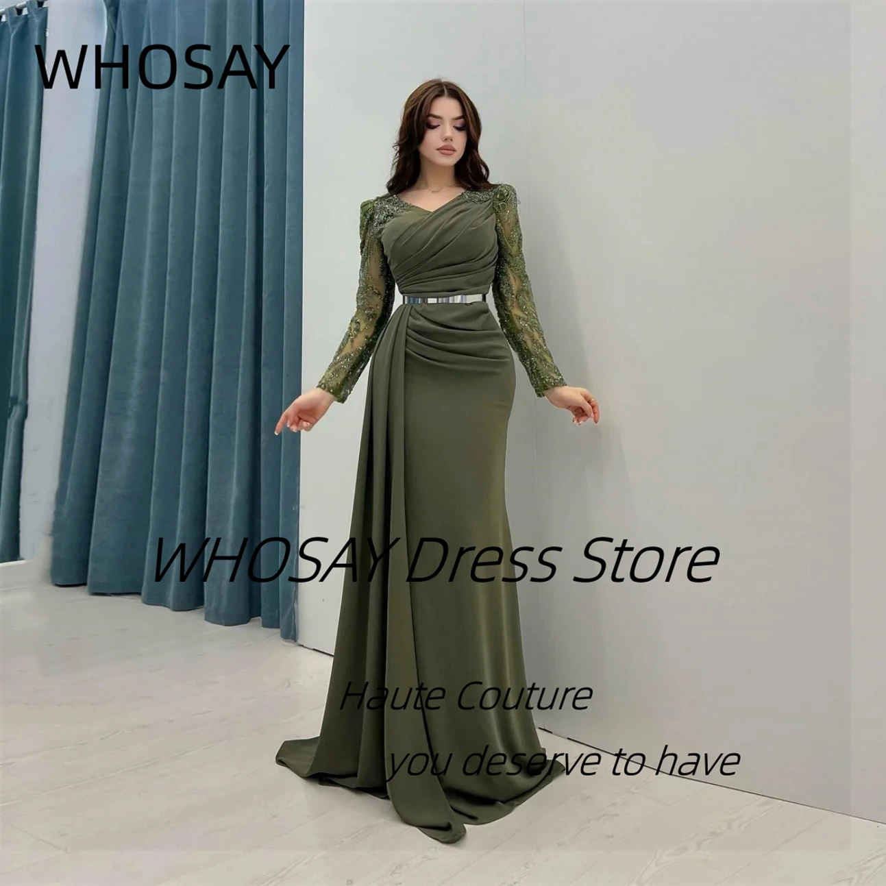 

WHOSAY Customized Saudi Evening Party Dresses Beaded Long Sleeves Prom Dress V Neck Sash Vestidos De Fiestas Elegantes Mujer