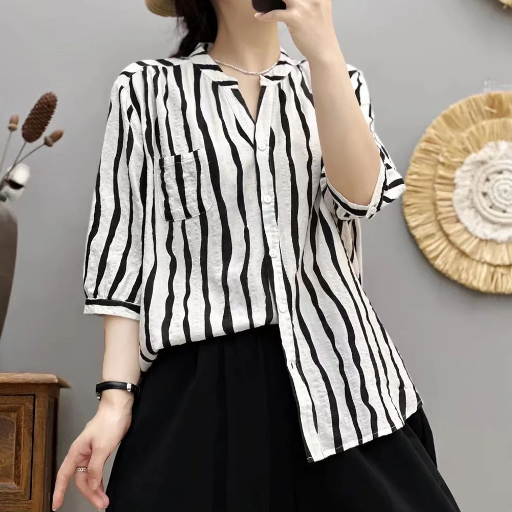 

Women's clothing vintage design half sleeve v neck v-neck shirt cotton black white striped blouses Women's summer clothes