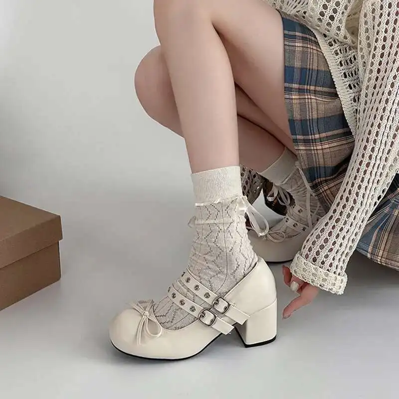 

2025 Summer Mary Janes Women's High Heels Buckle Strap Party Pumps Women Bow Tie Shallow Chunky Heel Platform Shoes