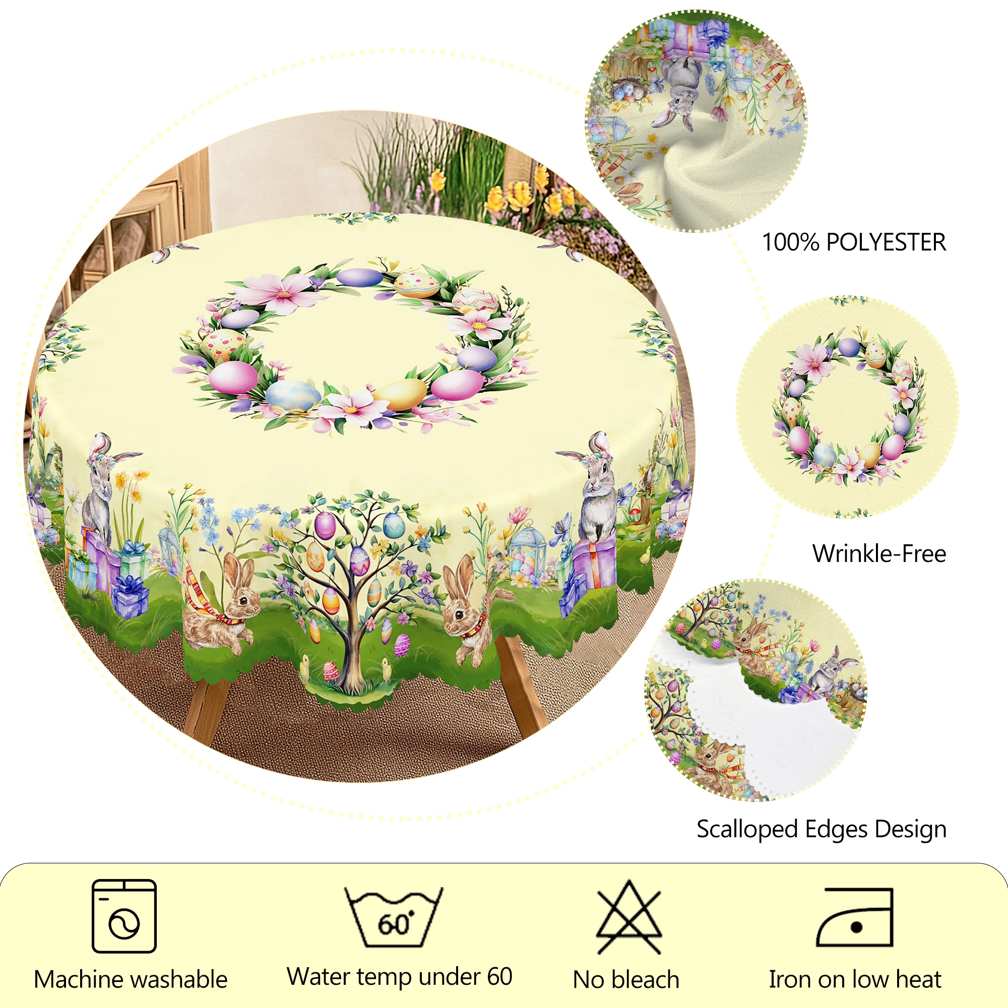 1 Easter Round Tablecloth, 5 Sizes Available, Tulip Easter Bunny Egg Garden Printed Square Tablecloth, Edge Embossing Process, Spring Garden