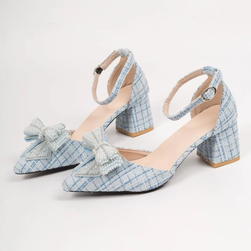 Damen Tweed-Sandalen mit Perlen-Schleife und Knöchelriemen, Spitze Blockabsatz-Schuhe für Hochzeit und Party
