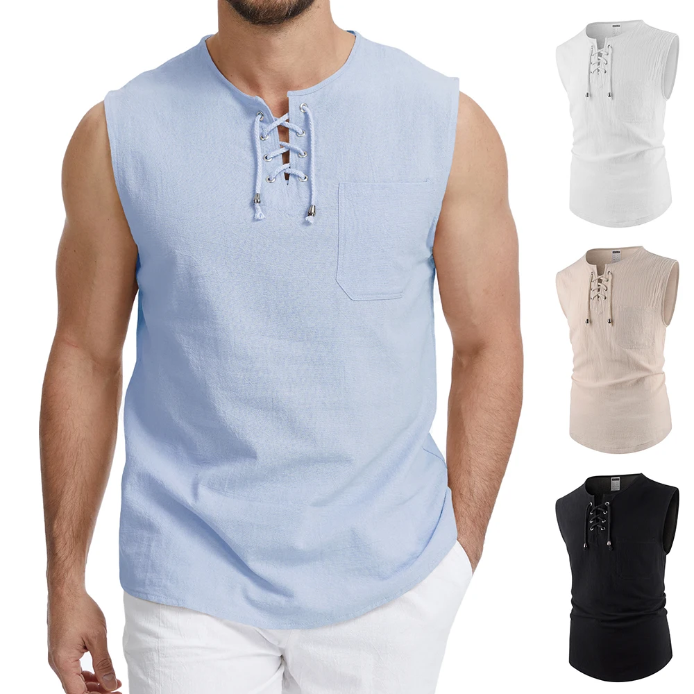Ärmelloses Sommer-T-Shirt für Herren, atmungsaktiv, leicht, lässig, aus Baumwolle und Leinen, stilvolles V-Ausschnitt-Design mit Schnürung, klassische Tanktops