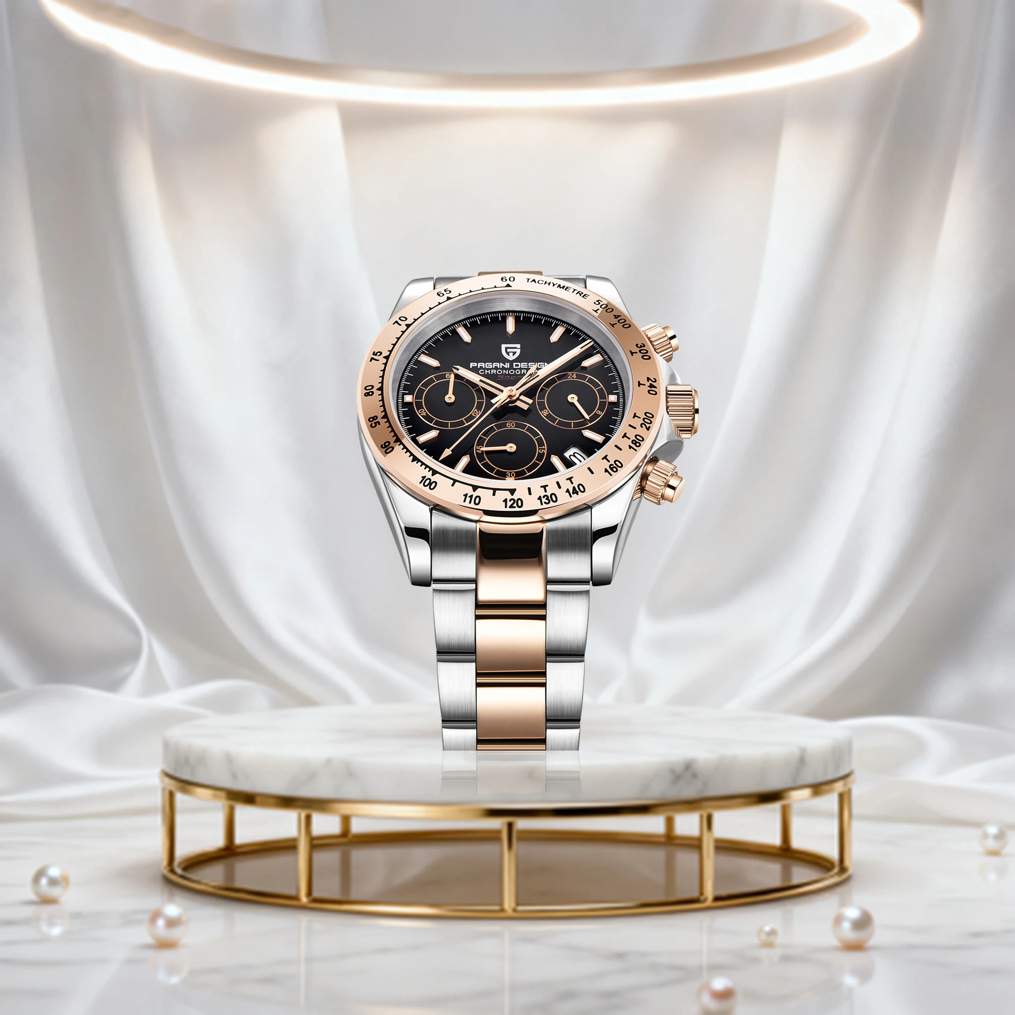 PAGANI DESIGN ساعة كوارتز رجالية أنيقة ريترو موديل ستانلس ستيل Vk63 حركة صغيرة ثلاثة دبوس سرعة ساعة مقاومة للماء 2025