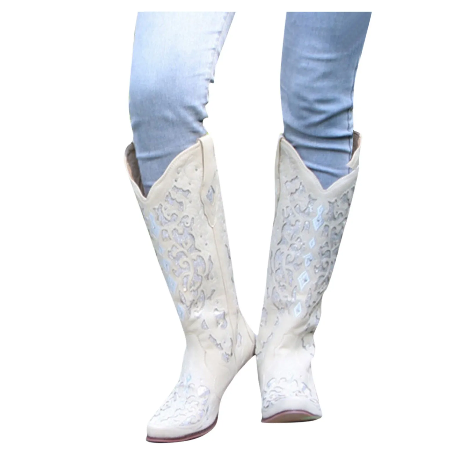 Knee High Rhinestone Chunky Western Low For Women Studded Boots Heel Boots Cowboy Embroidered Rodeo women\'s boots