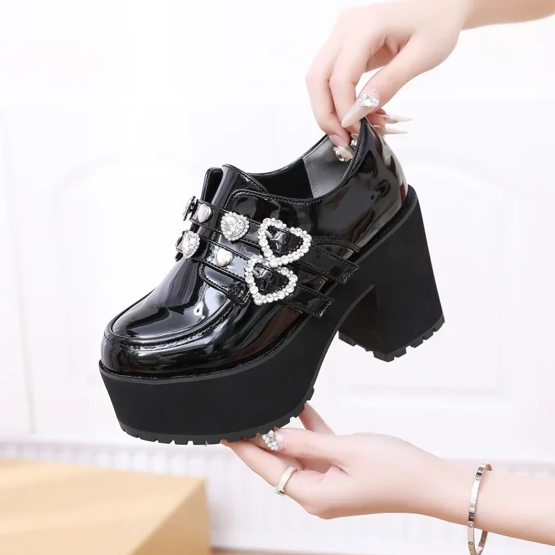 NONE Frühling Herbst Neue Lolita Loli Mine frauen Schuhe Strass Vielseitige Doppel Schnalle Plattform High Heel Pumps Wasserdichte Plattform 3