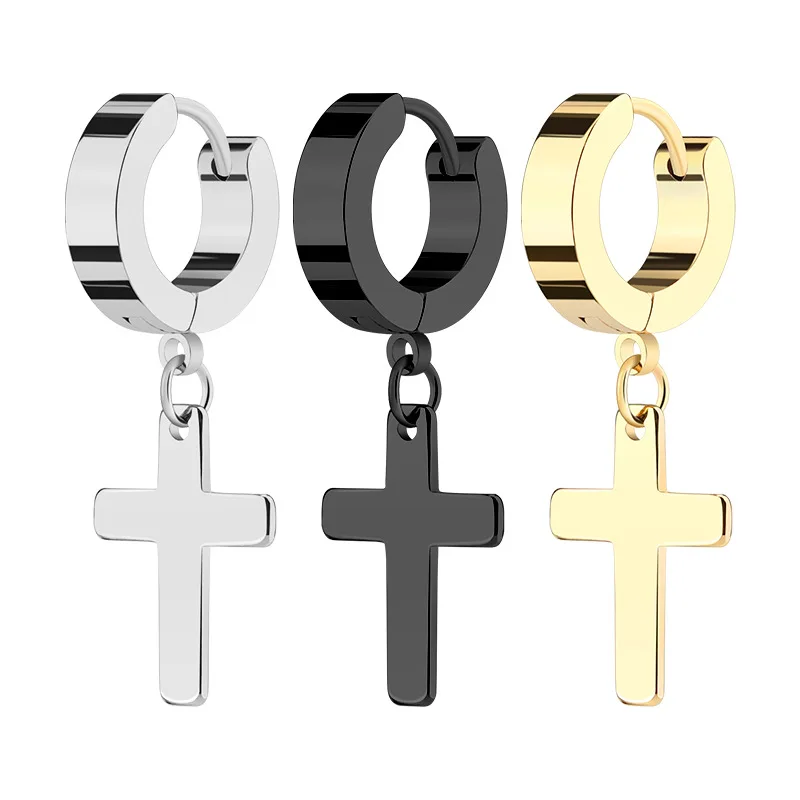 Cross Hoop Earrings Men Jewelry Stainless Steel Fake Ear Clip Punk  Dangling Shaped Charm Huggie Pierced for Guy Women Jewelry