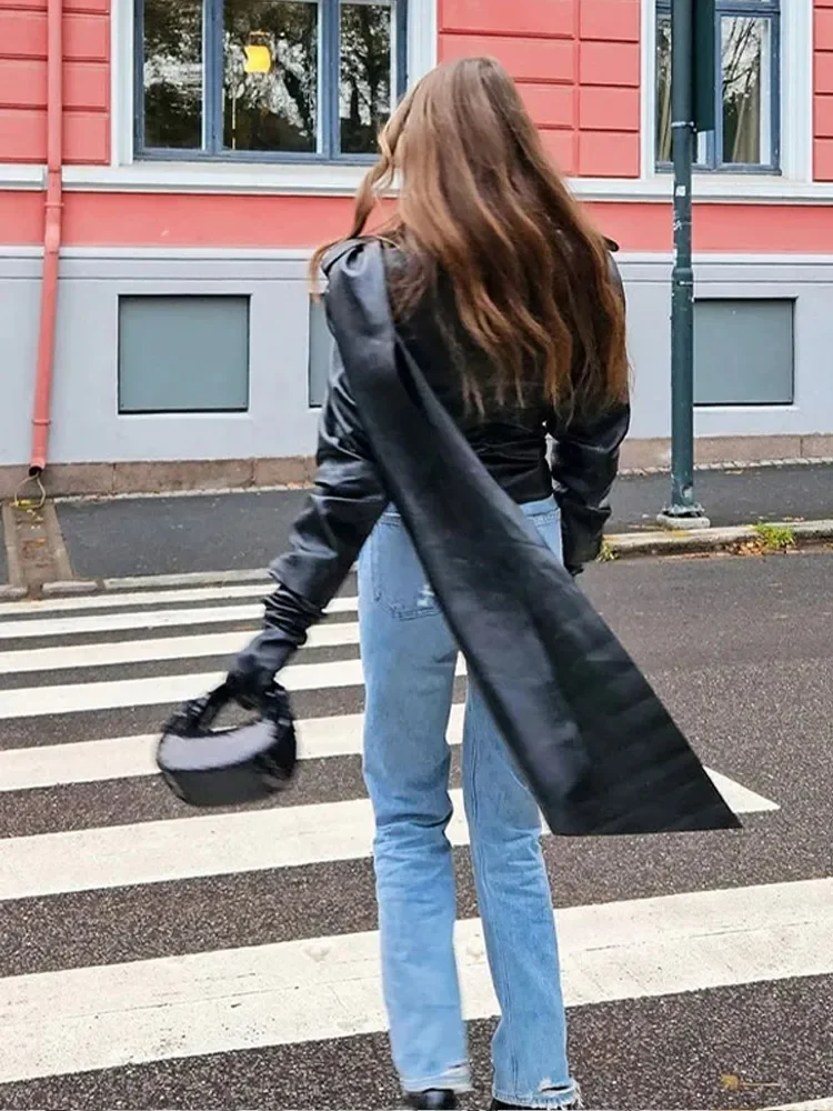 Women Pu Leather Cape Jackets Vintage Cloak Shawl Collar Coats Zipper Ladies Spring Fashion Slim Cool Streetwear FemaleTops