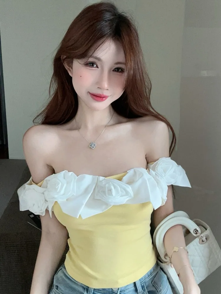 

Slim Fit Short Sleeve T-Shirt Women's Summer New Style Pure Desire Sexy 3D Flower One Shoulder Pad Outerwear Top Citywalk