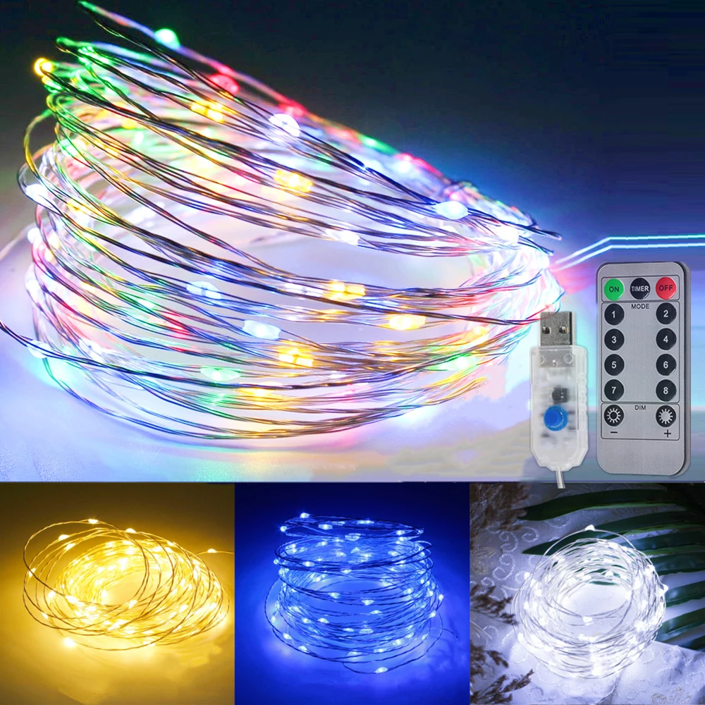 Led string luzes de fadas 5m 10m 20m fio cobre luzes por energia usb à prova dwaterproof água decoração guirlanda lâmpada para festa de casamento festival