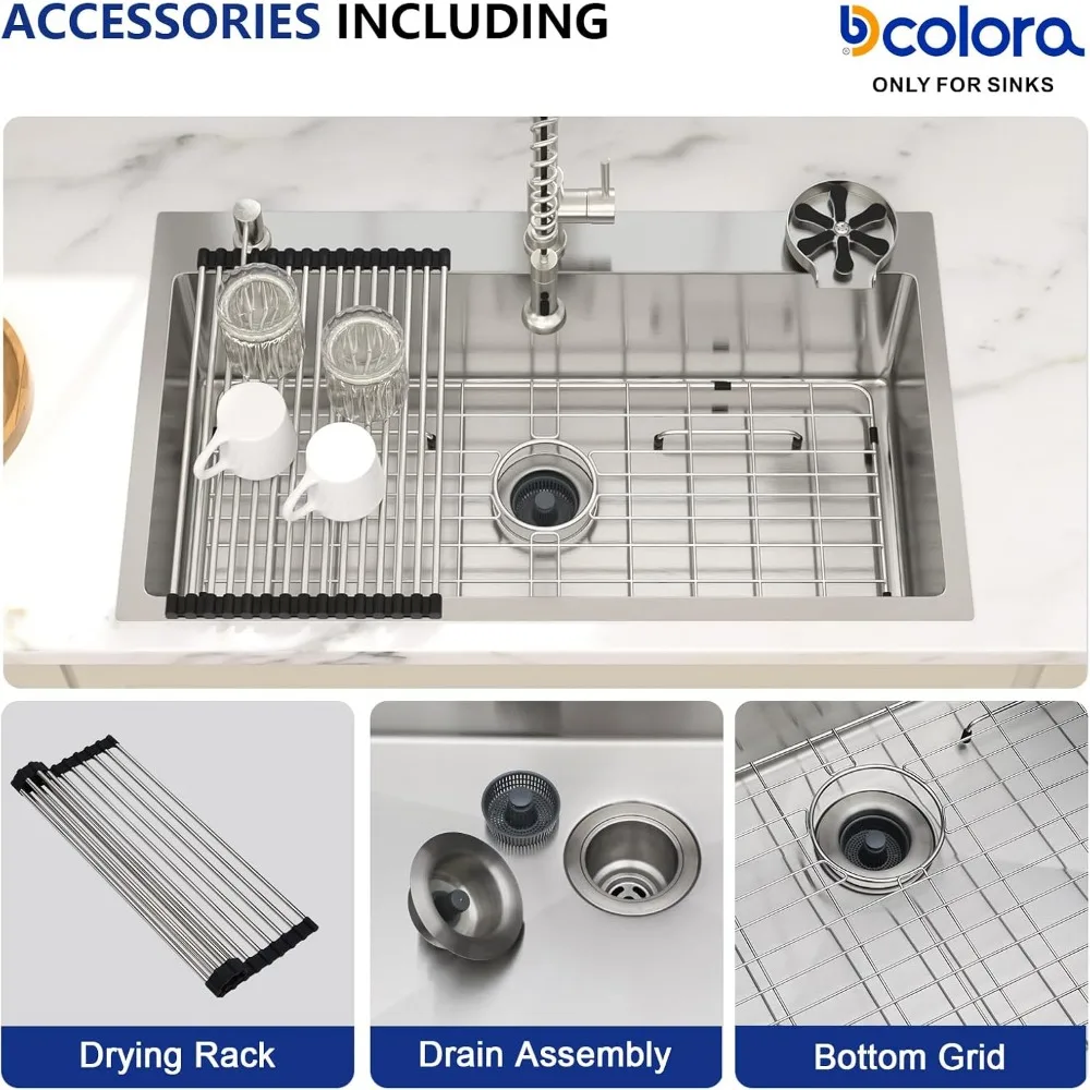 حوض مطبخ كبير Topmount 33x19، شديد التحمل 16 مقياس 304 من الفولاذ المقاوم للصدأ، 3 فتحات أنابيب، تصميم منسدل