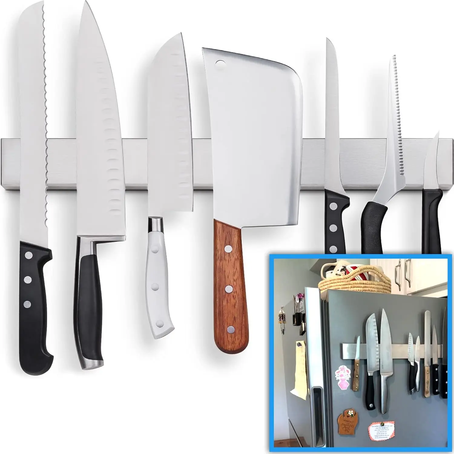 

17" Magnetic Knife Holder for Fridge and Wall, Double-Sided Magnets, 304 Stainless Steel, Space-Saving Design