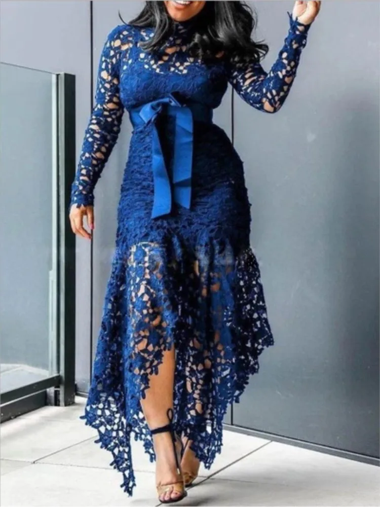 New Spring Autumn Dress Elegant French Lace Stand-up Collar Puff Sleeve Pullover Dress Waist Slimming Long Dress