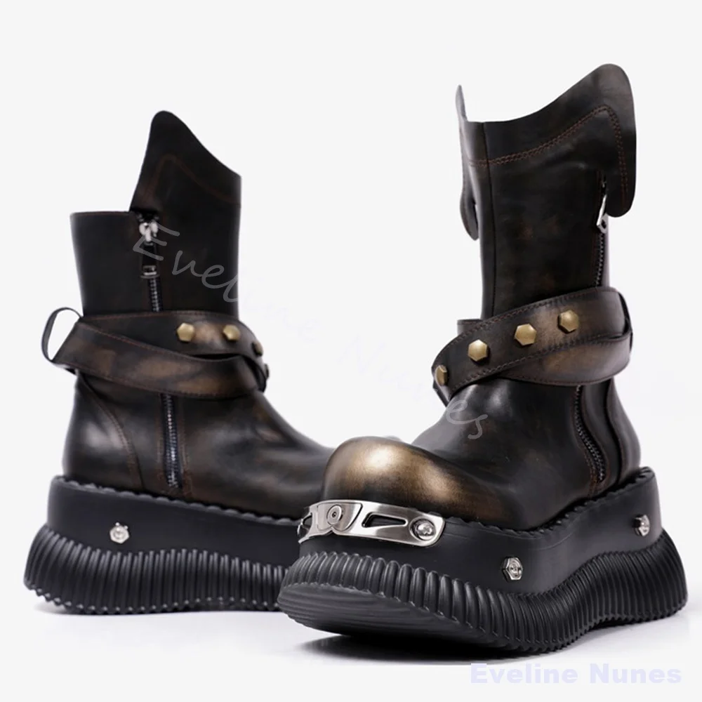 Distressed Punk Biker Boots Women Round Toe Metal Decoration Rivet Platform Mid Calf Boots 2026 Hot Girl Subculture Knight Boots