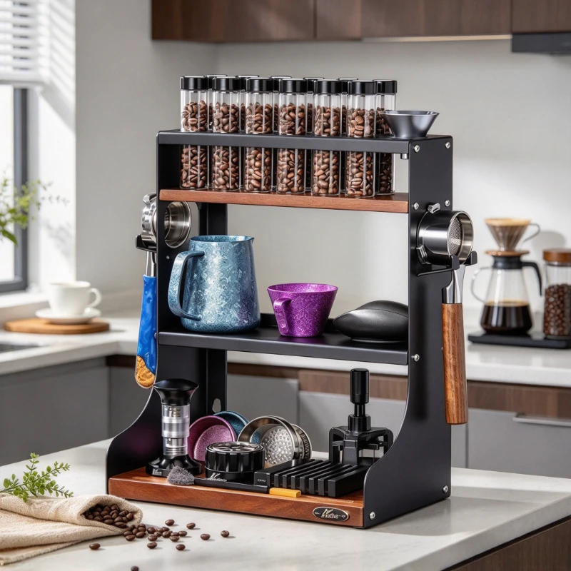 Walnut Coffee Tool Organizer, Espresso Accessory Rack with Stainless Steel Supports, Clear Glass Bottles for Coffee Bean Dosing