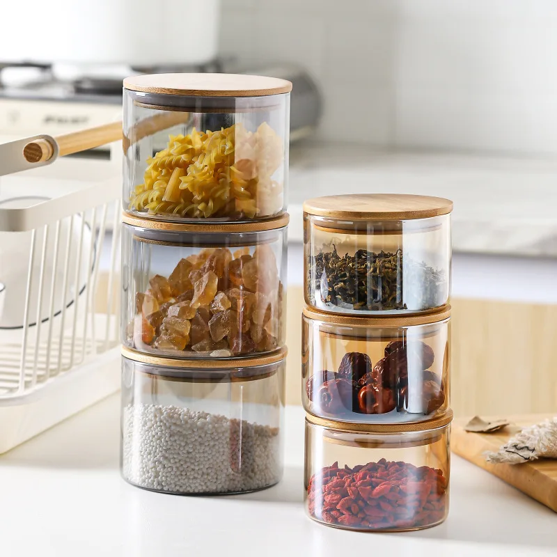 Tarro sellado de vidrio para té, caja de almacenamiento de frutas secas, alto boro, té de cilindro recto, hogar, tapa de madera de cocina