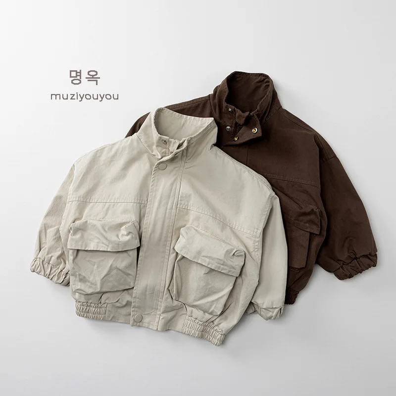 WOOFOO 2026 Autumn New Children Casual Coat Girls Zipper Jacket Solid Baby Loose Outerwear Cotton Boys Work Coat Kids Clothes
