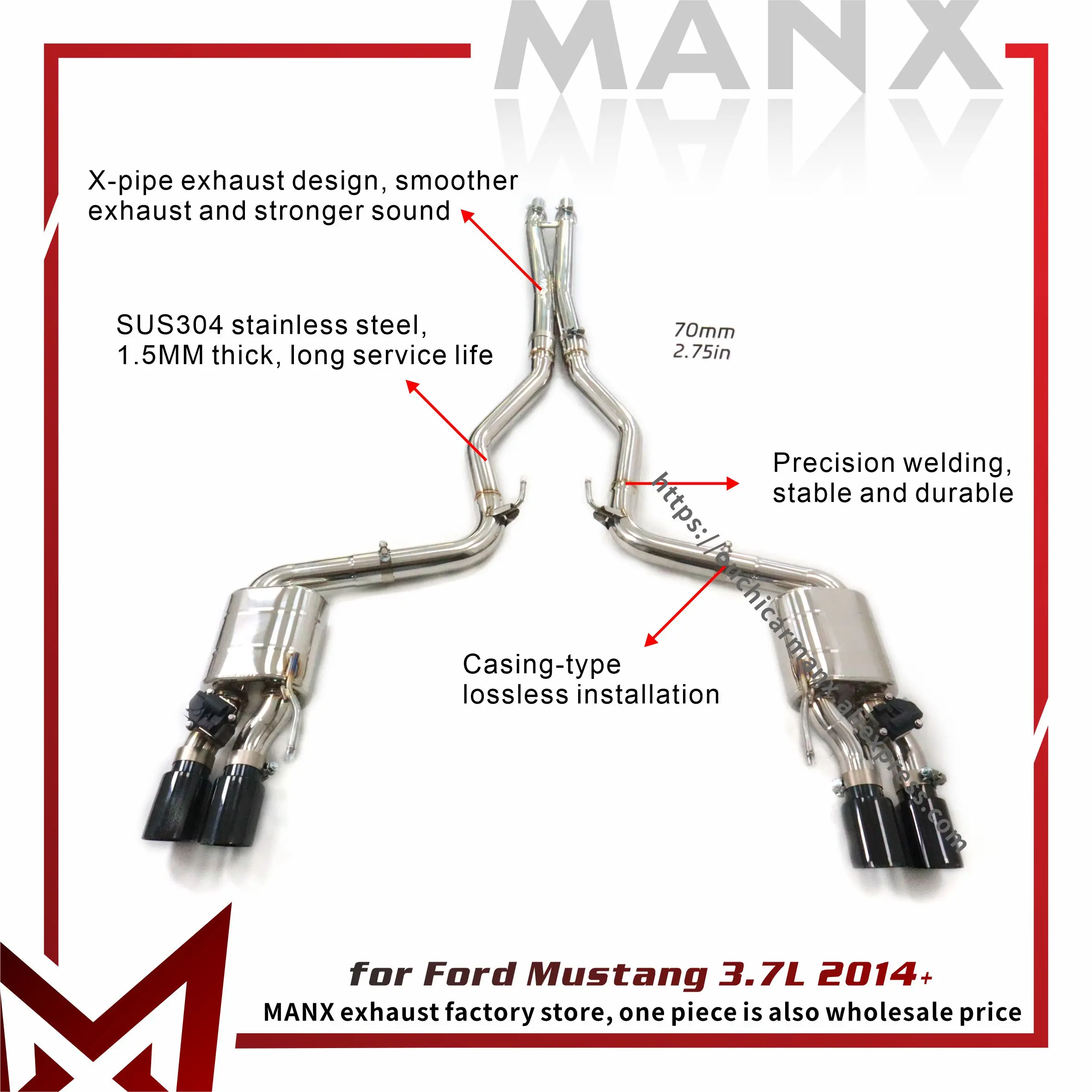 

MANX Exhaust system for Ford Mustang 3.7L 2014+ Catback Stainless steel Increase pipe diameter 70mm Exact Fit Electronic valve