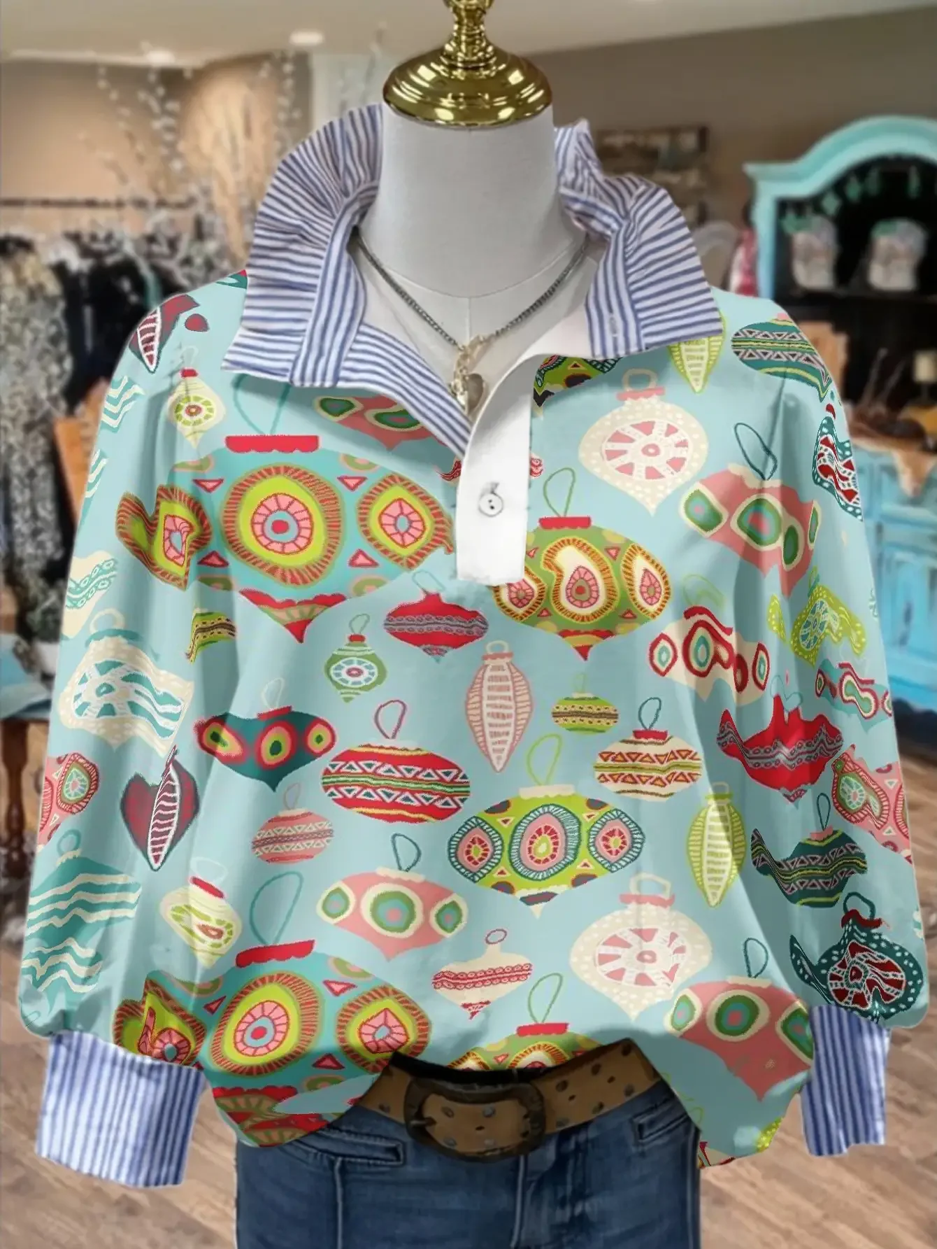 2026 New Christmas Women's Top Spring and Autumn Winter Women's Stand up Collar Versatile Long Sleeve Shirt,