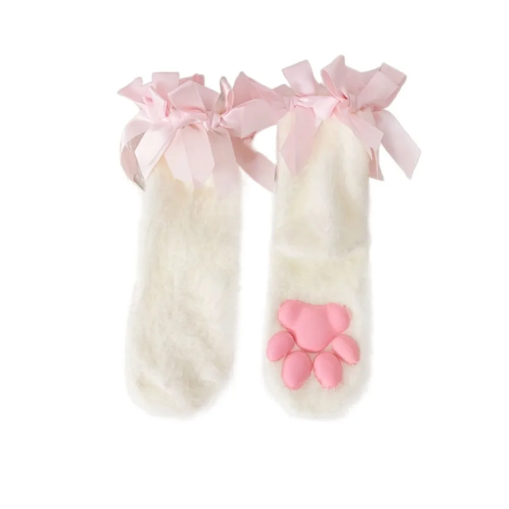 

Harajuku Coral Velvet Cat Paw Plush Socks Paw Pads Kitten Claw 3D Cat Paw Socks Sleep Sock Cold-proof Bowknot Warm Socks JK