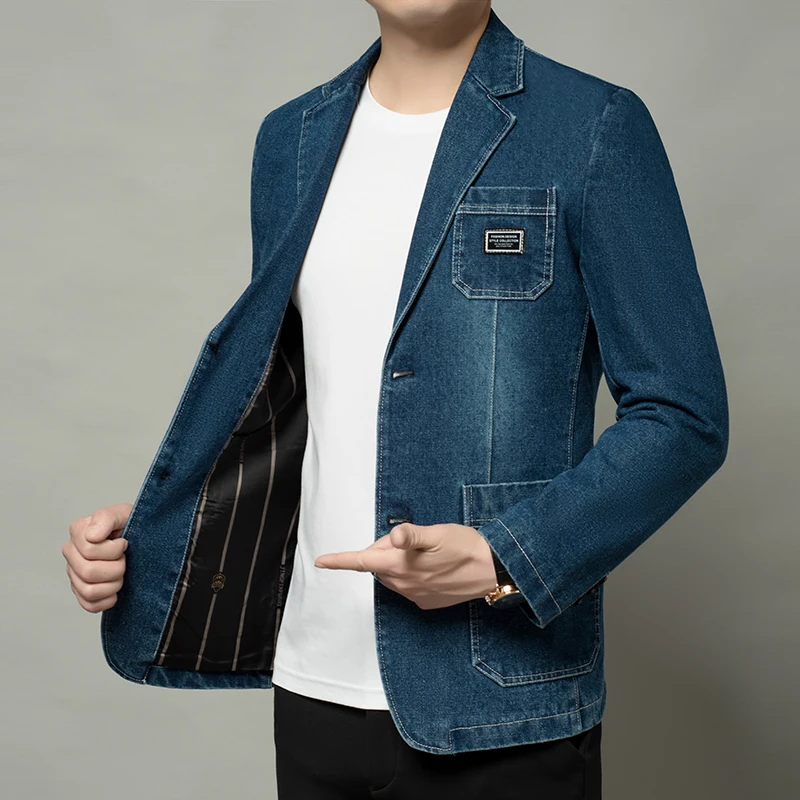 New Mens Denim Blazer Male Suit Oversized Fashion Cotton Vintage Spring  Autumn Male Blue Coat Denim Jacket Men Jeans Blazers