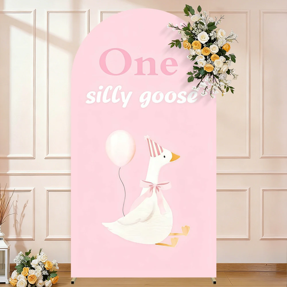 Cute Goose Theme Arch Backdrop Cover “One Silly Goose” Floral Pink Background Kids' 1st Birthday Party Baby Shower Photo Studio