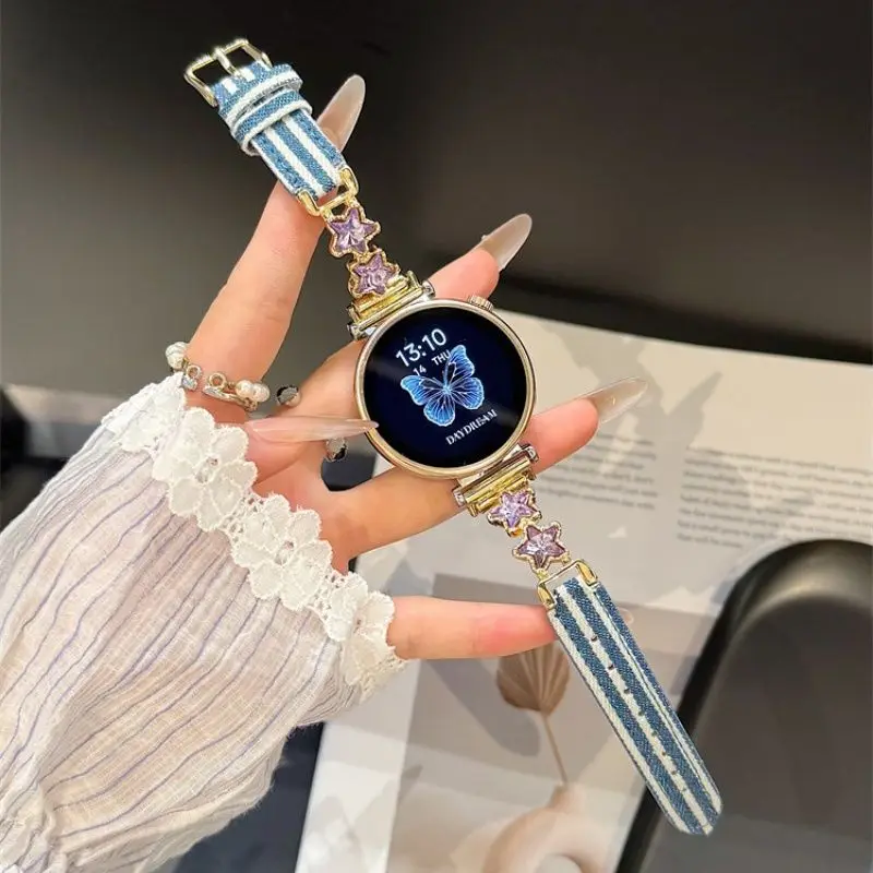 Huawei GT5/GT5 Pro/GT4/GT2/3/4 22mm/20mm/18mm 스트랩에 적합한 다이아몬드가 박힌 스타 스트라이프 데님 스트랩