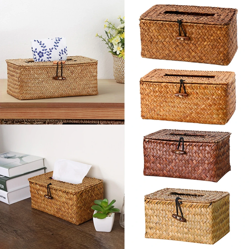 Handmade Storage Shelf Basket with Lid Rectangular Seagrass Rattan Woven Tissue Makeup Organizer Multipurpose Container Natural