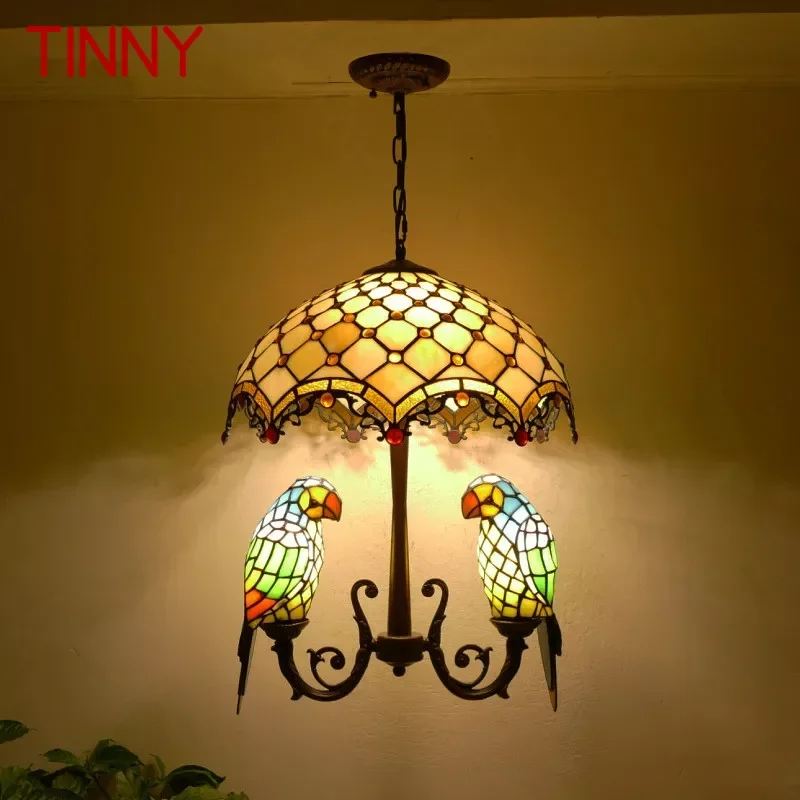 TINNY Tiffany Parrot Chandelier Vintage Creative Color Glass Living Room restaurant Bedroom Hotel Corridor Pendant Lamp