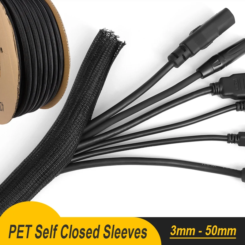 Black PET Braided Expandable Cable Sleeve 2mm ~ 50mm Flexible Self Closed Insulated Wrap Pipe Tube Line Protector Wire Organizer