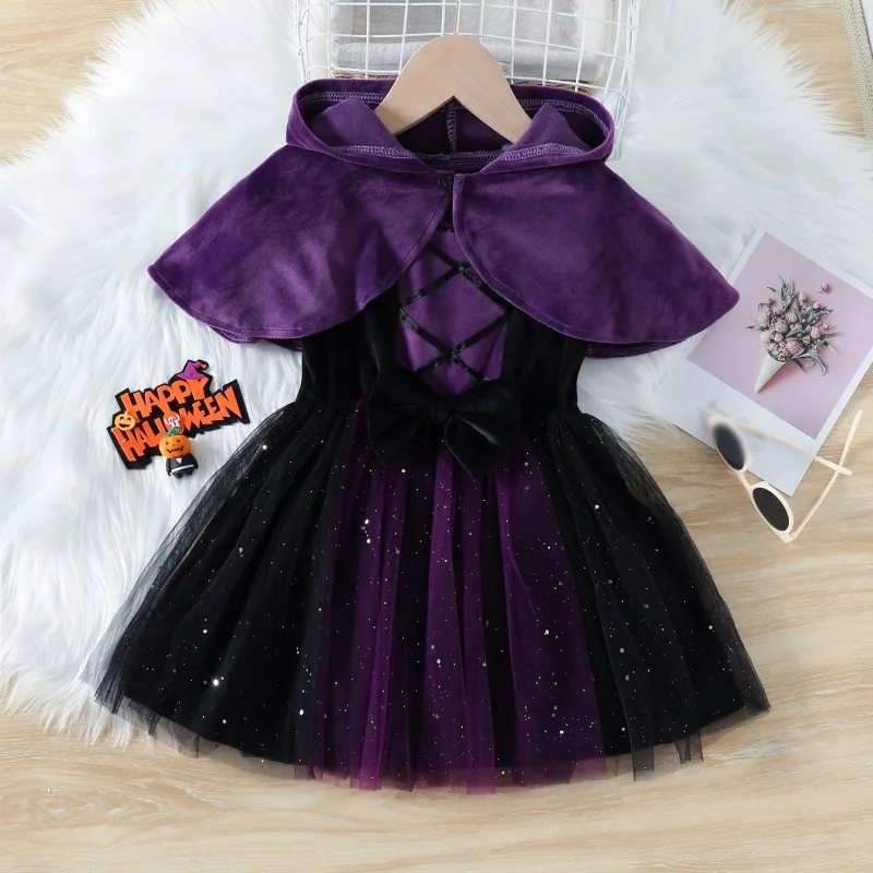 Halloween Girls Pumpkin Spooky Cape+Sleeveless Dress Set Children Tulle Dresses Ball Gown Dress Lace Cloak Outfit Witch Costume