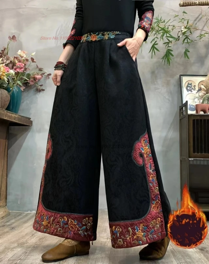 2024 chinese vintage fleece lined pants national flower embroidered wide leg trousers cotton linen jacquard ethnic loose pants