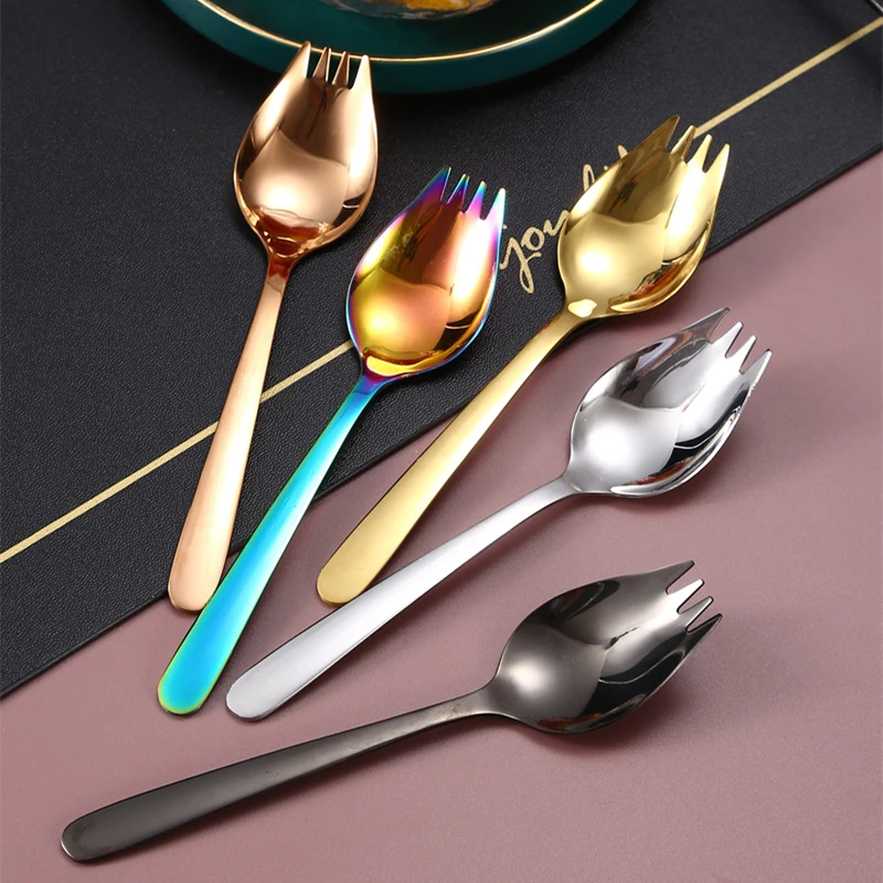 1Pc Stainless Steel Fork Spoon Long Handle Home Portable Student Creative Fruit Salad Scoop Multifunction Western Flatware