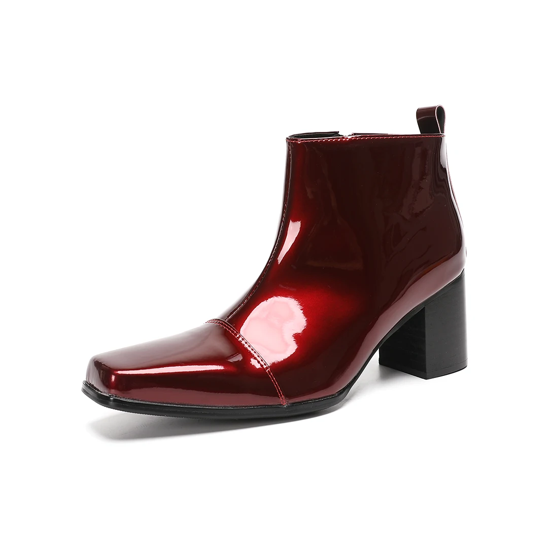 Male Red Genuine Leather High Heel Ankle Boots men Zipper square Toe Block Heel Night Club Party short boot Plus Size dress Shoe view 6