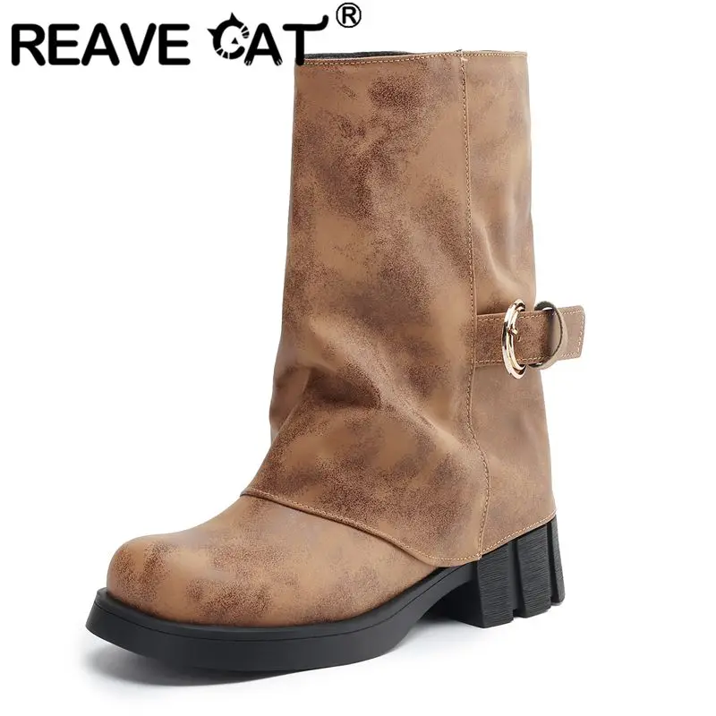 

REAVE CAT Women Over The Knee High Boots Round Toe 4cm High Heel Faux Leather Ridding Shoes Autumn Winter Sale Big Size 44 45 46