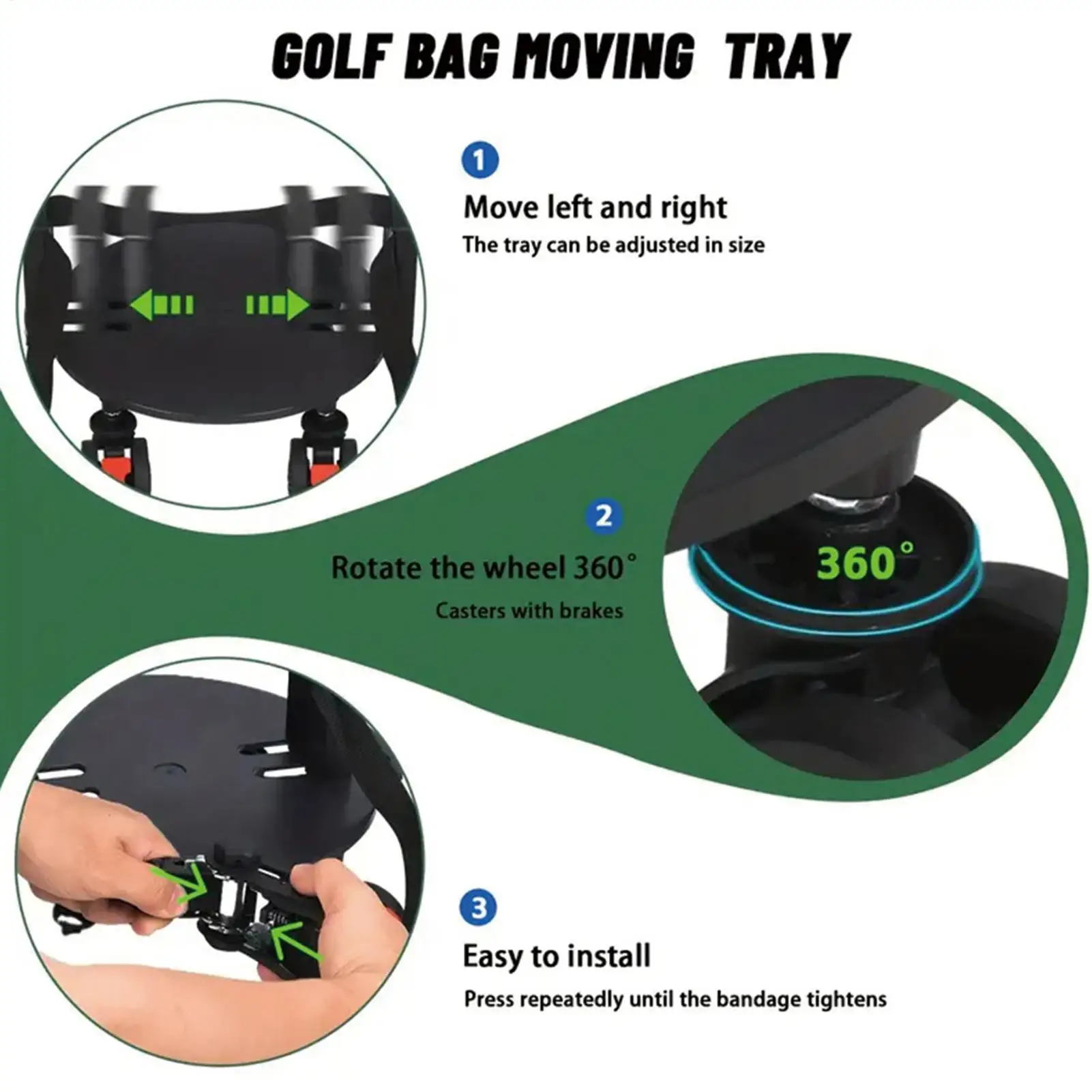 Golf Bag Wheel Base Portable Bracket With 360 Degree Swivel Wheel And Brake Golf Equipment Stand For 5-9.5 Inch Bag Driving