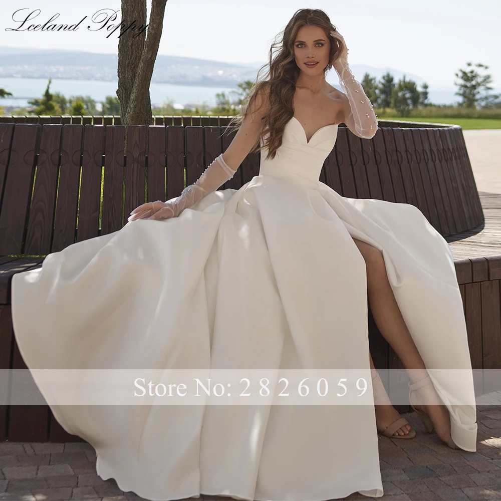 Lceland Poppy Customized A Line Strapless Satin Wedding Dresses Floor Length Pleated High Split Bridal Gowns with Side Pockets