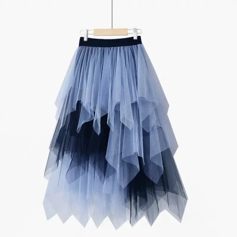 GIDYQ Gothic Irregular Tulle Skirt Women Vintage Black Grey Patchwork Mesh Skirt Elastic High Waist A Line Ball Gown Midi Skirts