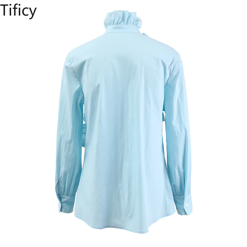 TIFICY High-end Pleated Shirt for Women's Summer New Style with Wooden Ear Edge Design, High Collar Long Sleeved Versatile Shirt