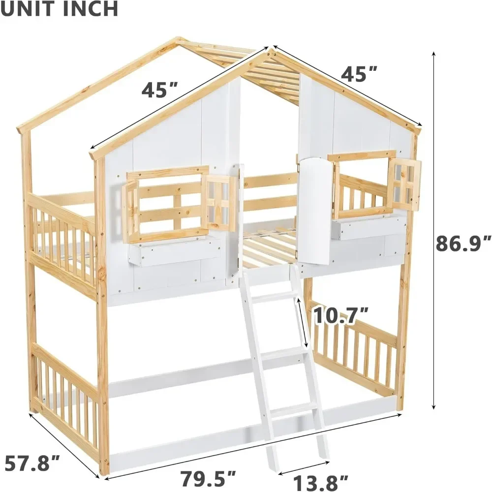 Haus-Etagenbett Twin Over Twin für Kinder, Etagenbetten aus Holz mit Dach, Fenster, Fensterbox und kleiner Tür, Etagenbetten