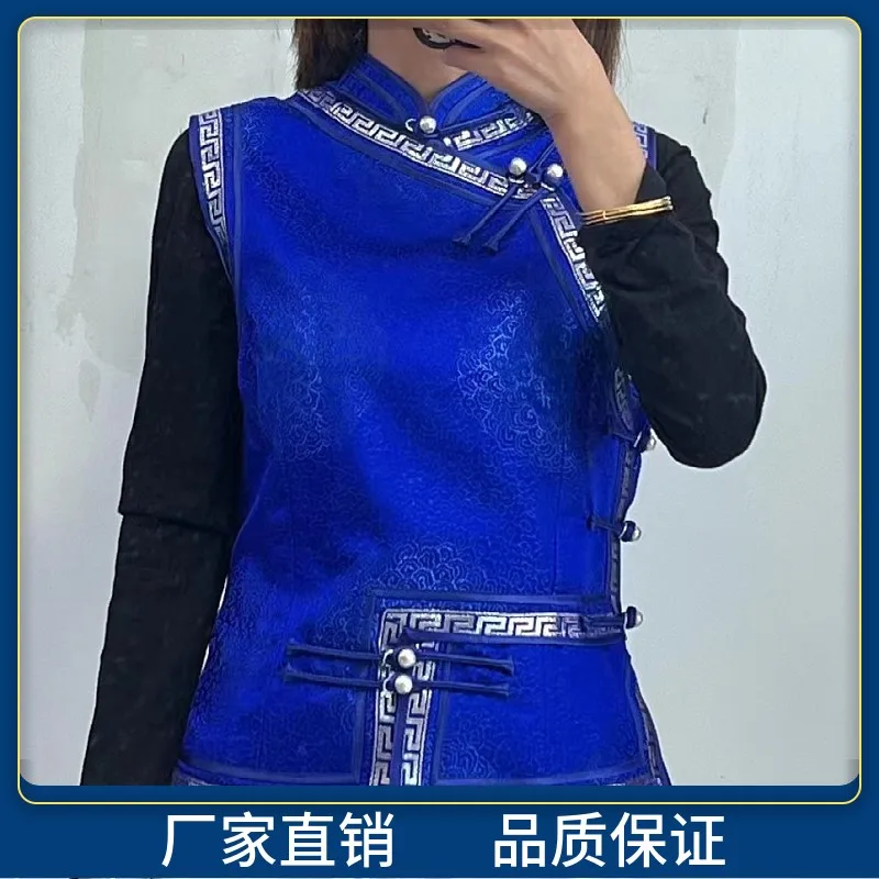 Ethnic Vest Royal Blue Stand Collar Low Neckline Coat Top Men and Women Same Style Support Customization