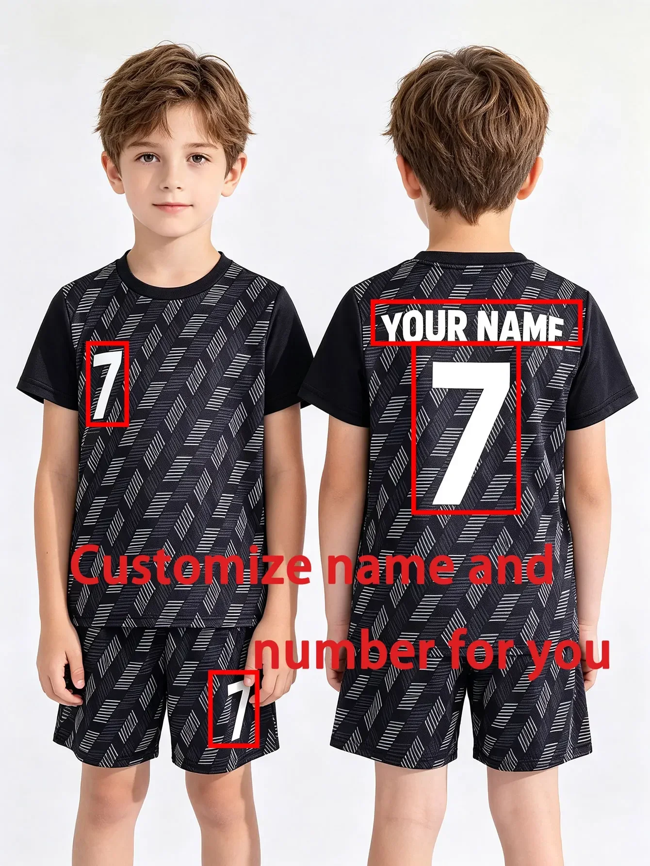 Eco-Friendly Kids Soccer Jersey Set Short Sleeve Black/Grey Geometric Print Custom Name/Number for Boys Ages 3-13