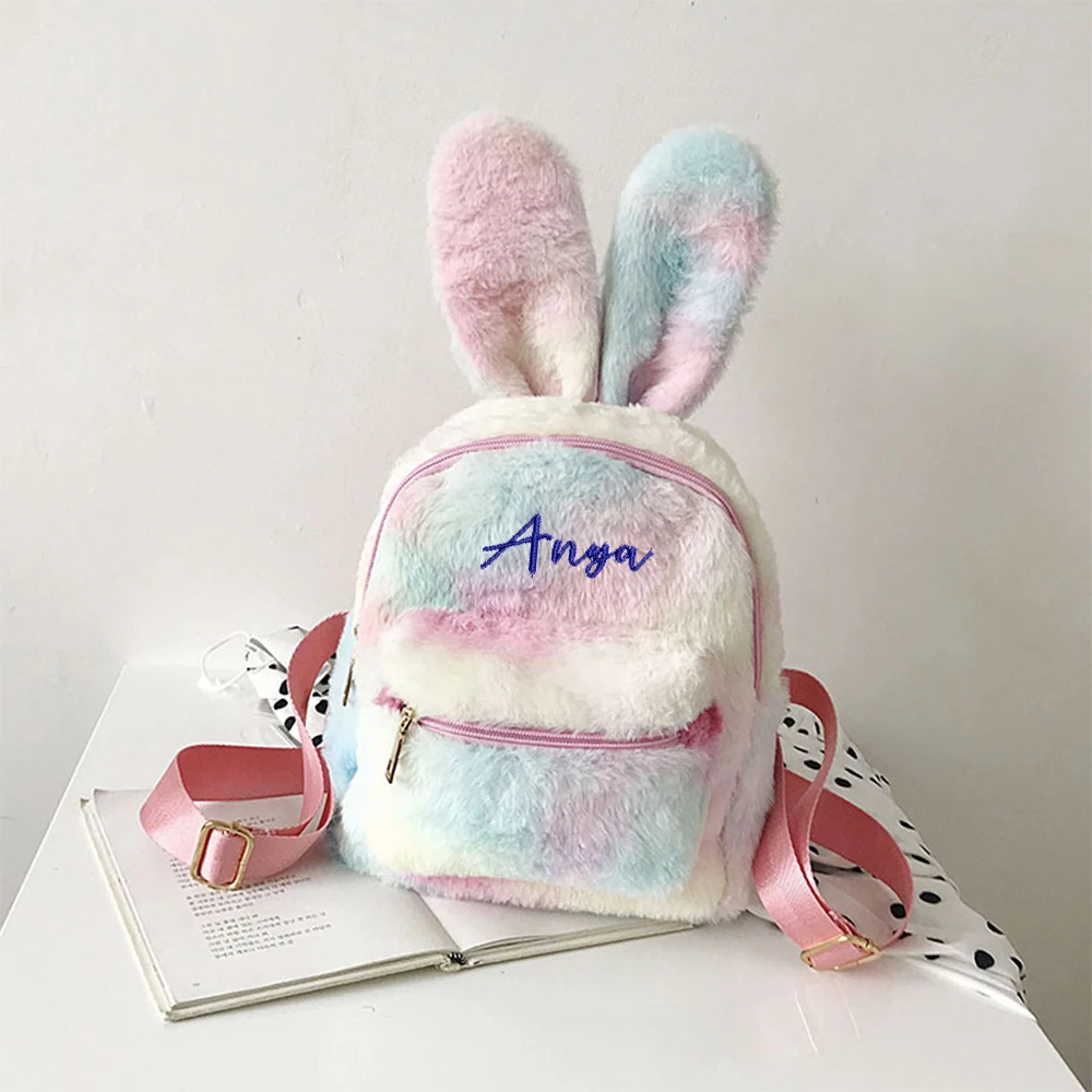 Personalized Autumn and Winter New Plush Rabbit Ear Double Shoulder Bag Name Customized Cartoon Forest Color Contrast Cute Bag